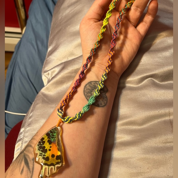 Preserved Butterfly Wing Pendant on Croqueted Rainbow Cord - Picture 3 of 6